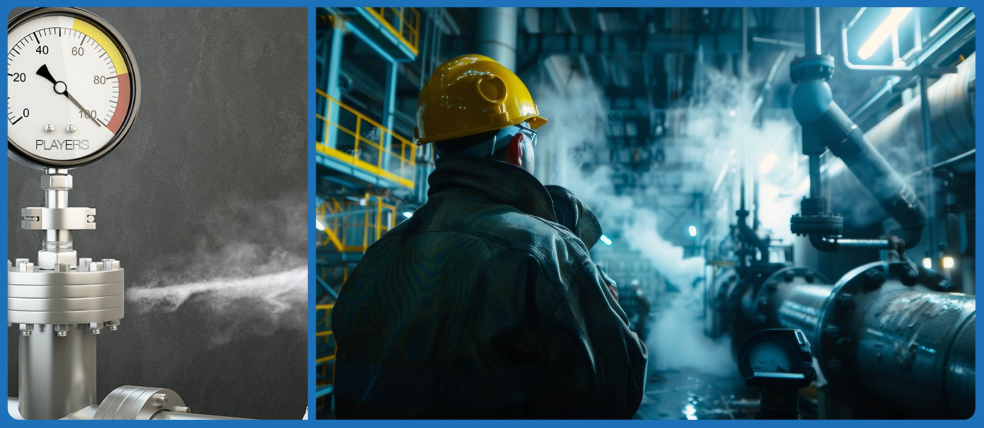 A boiler house full of steam with a engineer wearing a hard hat